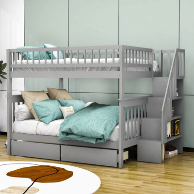 Lit superposé double au-dessus de double, lit superposé en bois avec deux tiroirs et rangement