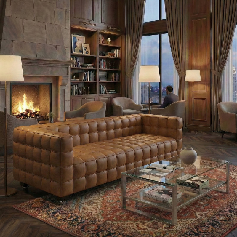 Faux Leather Square Arms Sofa, Brown