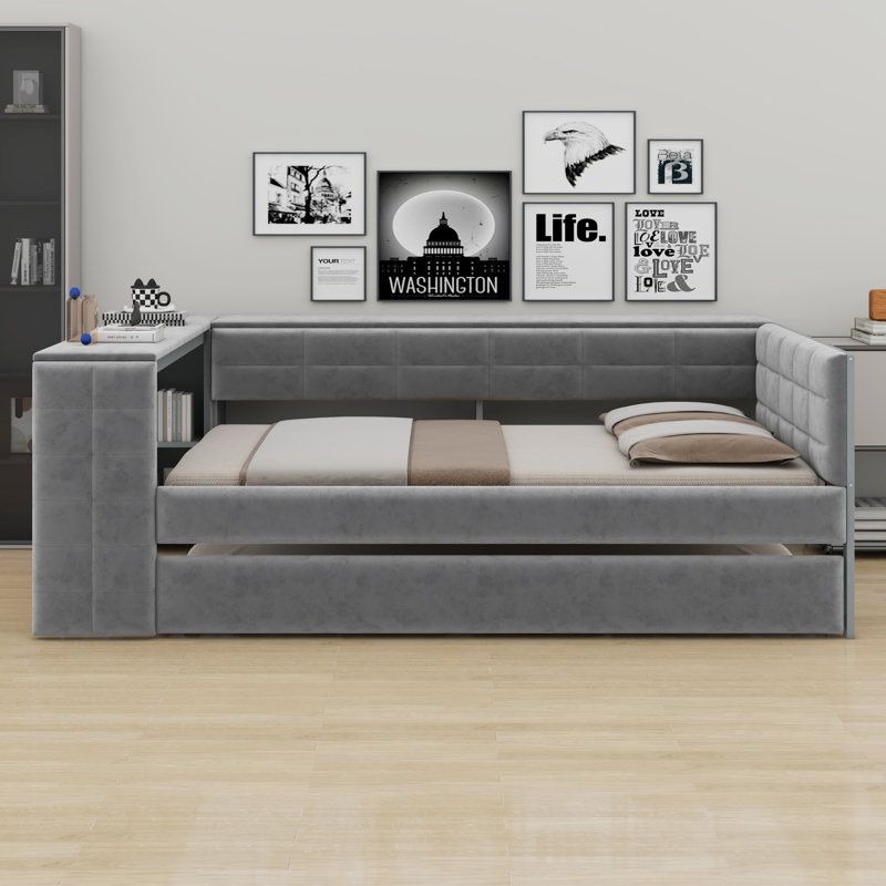 Lit plateforme tapissier avec tablettes de rangement, bureau, station de charge et lit gigogne, Gris