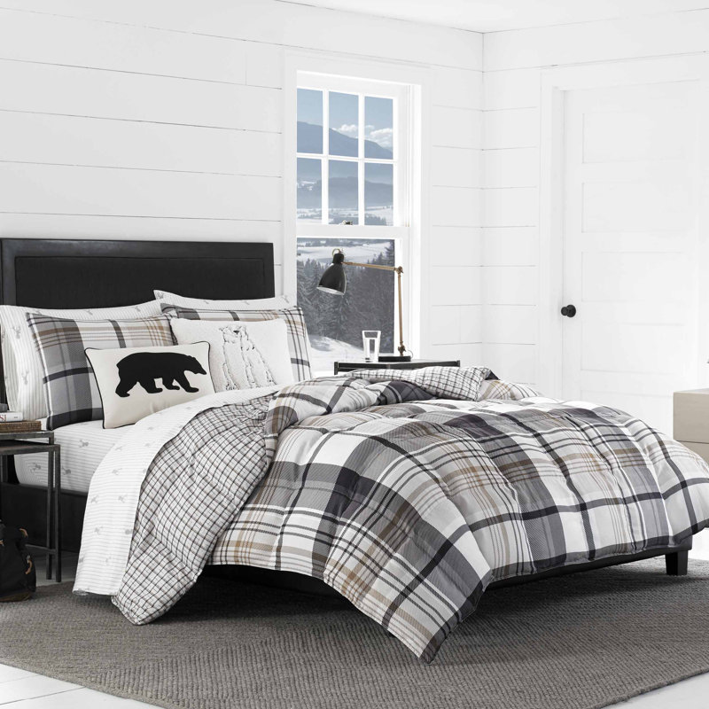 Wildflower Plaid Reversible Comforter Set , Black, Queen Comforter + 2 Standard Shams