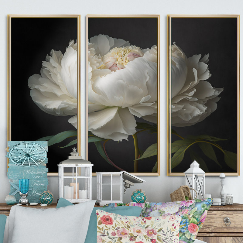 " Blooming White Peony VI " 3 - Pieces, 32" H x 48" W x 1" D, Gold
