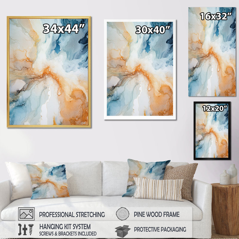 «Blue and White Geyser», encre liquide - formes abstraites, art mural sur toile, H 32 po x l 16 po x P 1 po