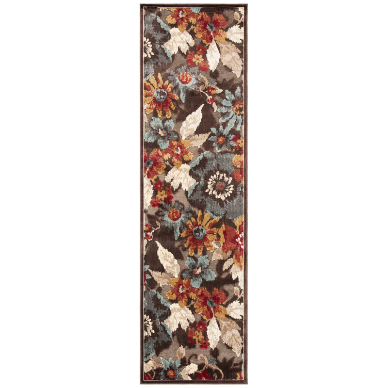 Tapis floral brun foncé Gordon, Tapis de couloir 2 pi 2 po x 8 pi