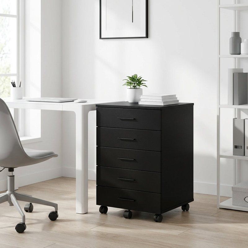 5 Drawers Filing Cabinet With Wheels, Black