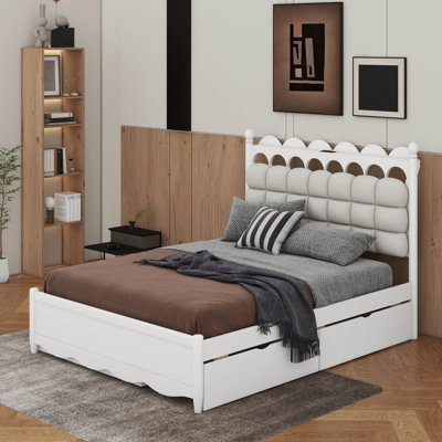 Queen Size Wooden Storage Platform Bed, With 2 Big Drawers, Twin-XL Size Trundle