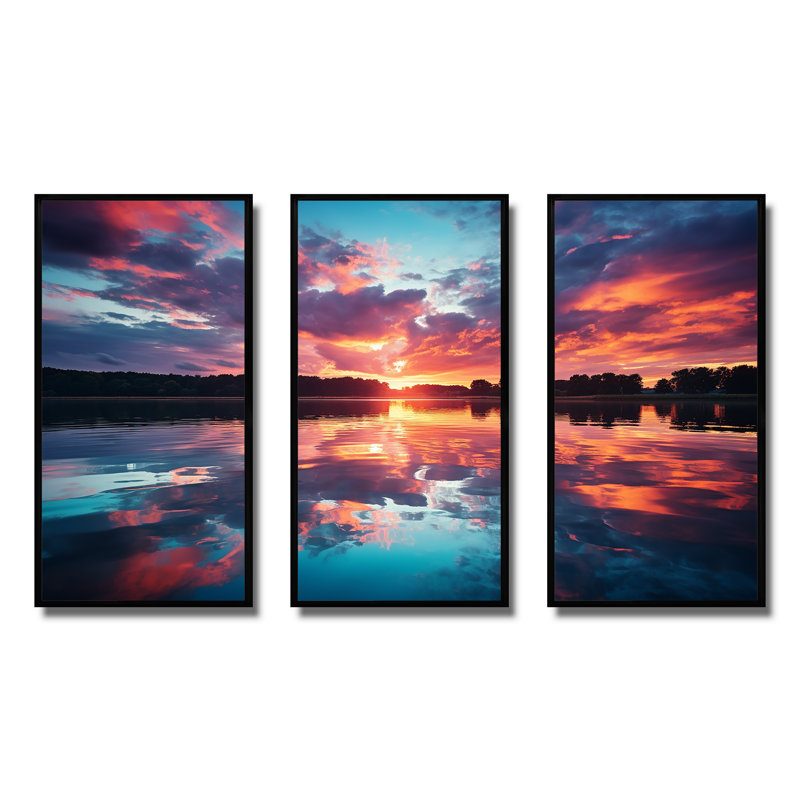 Horizon, coucher de soleil au bord du lac III - lac, art mural, H 28 po x l 36 po x P 1 po, Cadre flottant noir