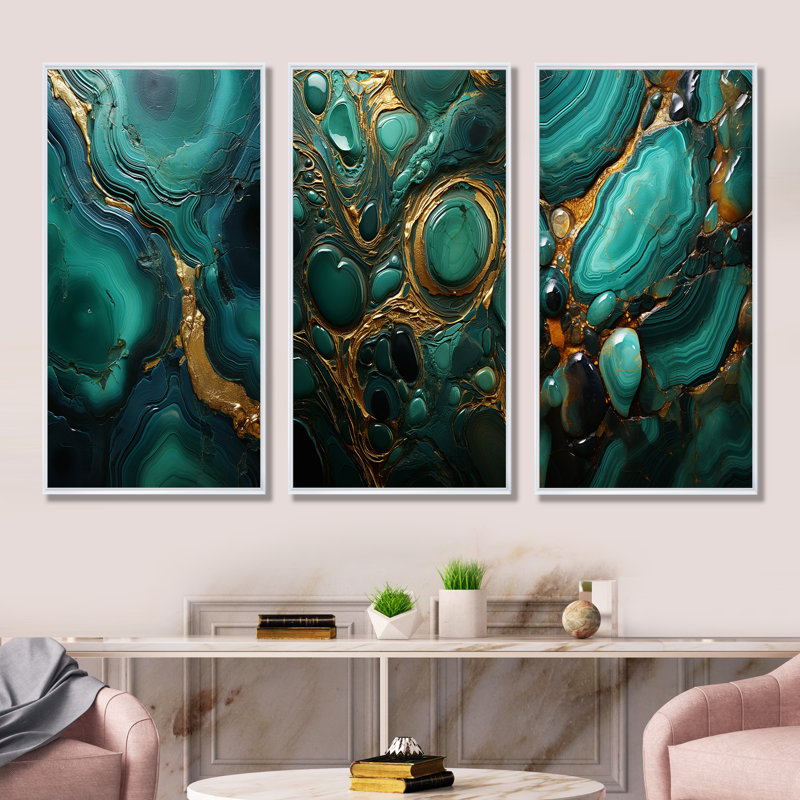 Spiritual Stone Malachite Renewal - Ensemble d'art mural sur toile Geode, Cadre flottant blanc, H 28 po x l 36 po
