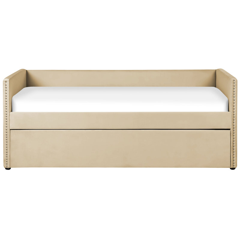 Baskin Upholstered Velvet Daybed with Trundle Bed, Beige