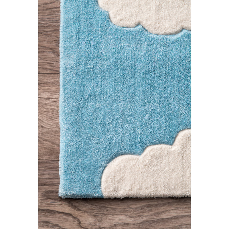 Tapis touffeté à la main à motif nuageux bleu Sachiko Abbas, Rectangle 3 pi 6 po x 5 pi 6 po