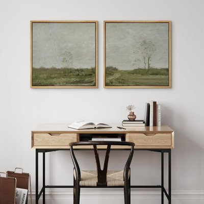 Green Bare Tree Nature Landscape Illustrations Modern Art Minimal Calm Countryside Farmhouse Decor