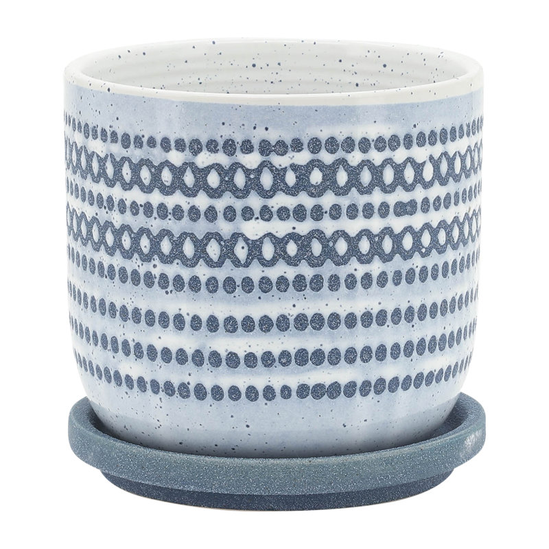 Contemporary Dotted Ceramic Planter with Saucer, 1, Geometric Blue