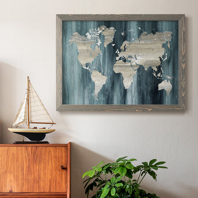 " Navy World Map ", Gray, 22" H x 32" W x 1.5" D