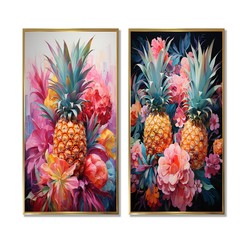 Coloré ananas coloré fantaisiste tropiques - ananas murales ensemble de salon de 2, H 32 po x l 33 po, Encadrement doré