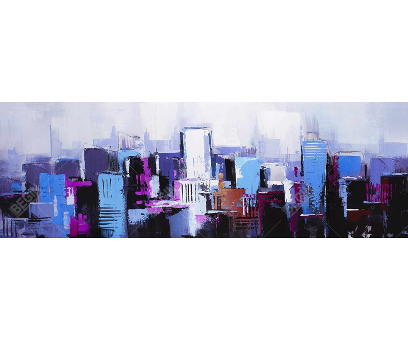 Abstrait bleu et ville mauve - Toile encadrée, décoration intérieure