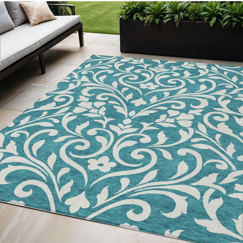 Tapis extérieur lavable floral bleu sarcelle et ivoire 5 pi x 8 pi
