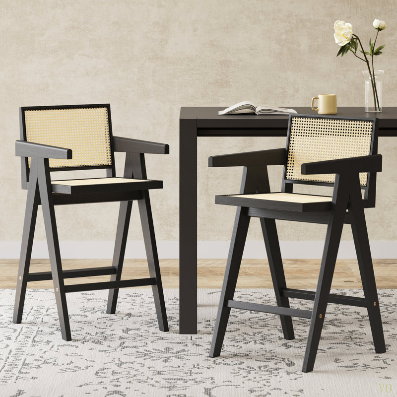 Tabouret de bar minimaliste moderne de 27 po avec siège en bois massif, structure en bois massif, Noir