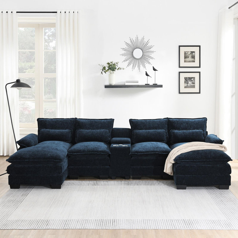Canapé combiné avec console, porte-gobelet et port USB, Chenille bleu foncé