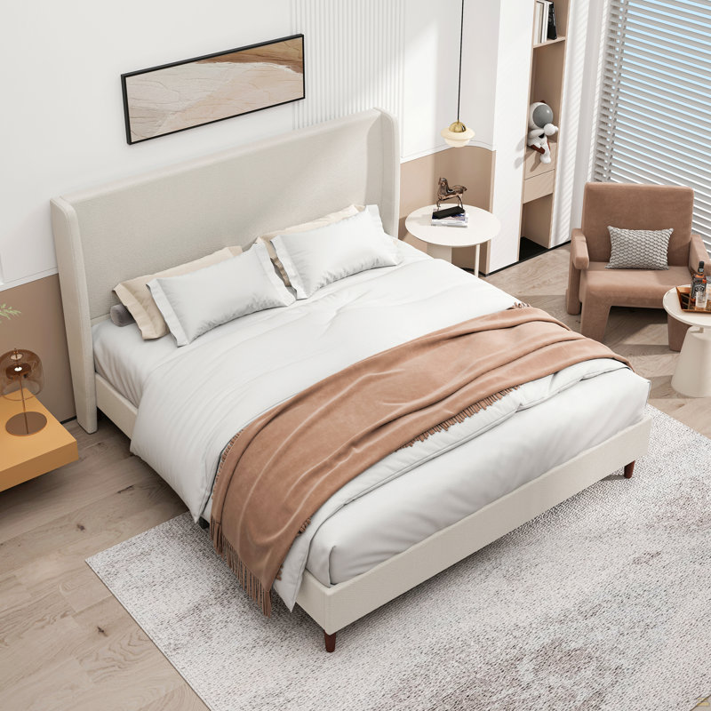 Lit tapissier à tête de lit haute, base de lit très grand, support à 12 lattes, facile à assembler, beige, toile de chenille, aucun sommier nécessaire