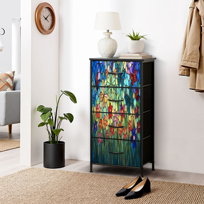 Dresser for Bedroom Dresser for Closet Colorful Floral Butterfly Stained Glass Art Dressers & Chests of Drawers Fabric Closet Organizers and Storage with 4 Drawers Storage Bins