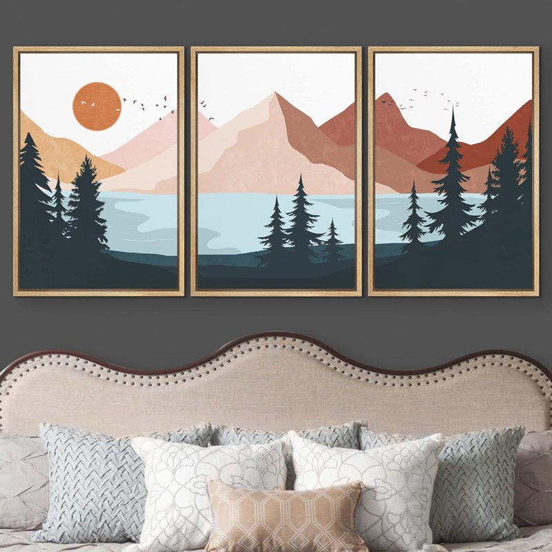 «Sunlight Pastel Mountain Forest» sur toile, reproduction de 3 pièces, H 36 po x l 72 po x P 1,5 po