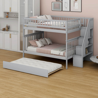 Full Over Full Size Bunk Beds With Storage Compartments, Trundle And Stairway