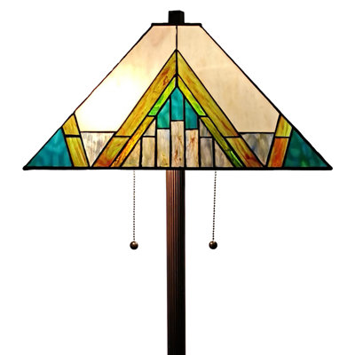 Lampe sur pied de forme traditionnelle 62 "à deux lumières avec abat-jour empire géométrique en verre coloré