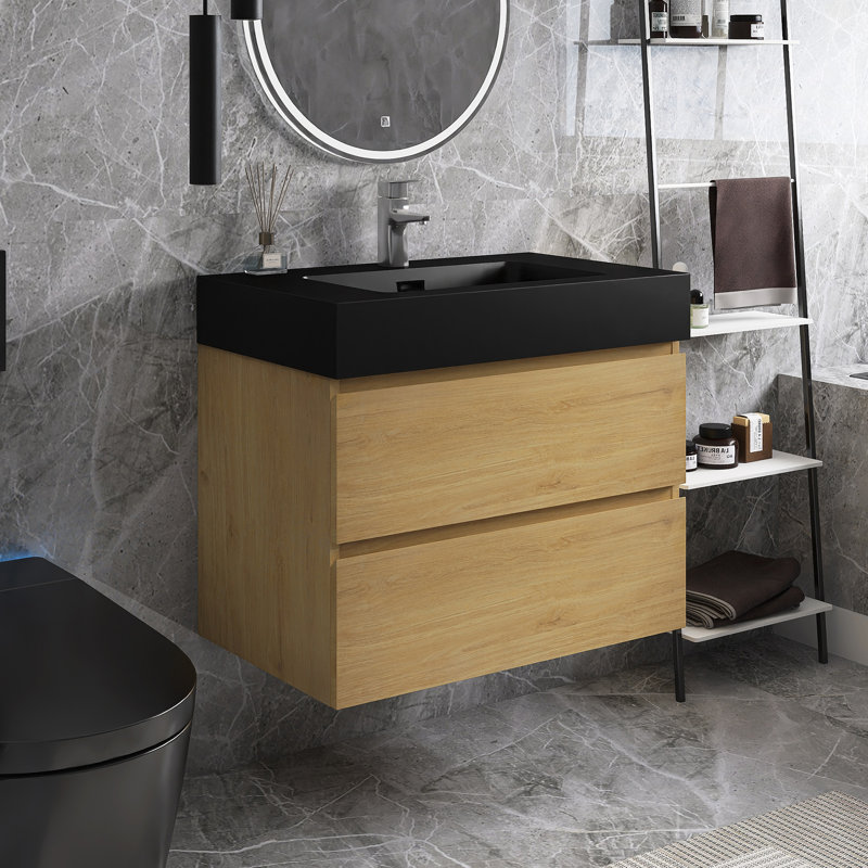 30 In. Single Sink Wall Mounted Bathroom Vanity with Top, Oak