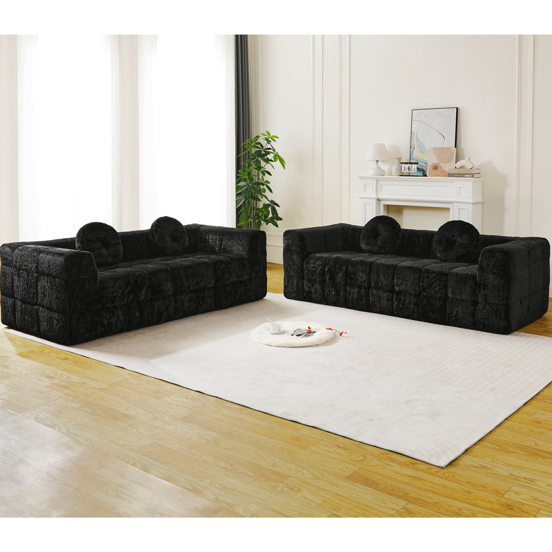 Canapé moderne sans os avec deux coussins décoratifs circulaires, tissu en polyester à poils longs texturé litchi doux pour la peau, canapé en mousse à carreaux