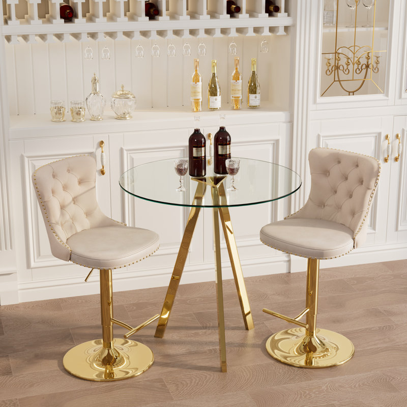 Bar Height Set, Tempered Glass Round Dining Table and Velvet Adjustable Dining Chairs., 3, Beige