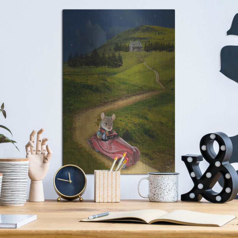 «Mouse In Toy Car» par John Hovenstine, art mural en métal, H 16 po x l 12 po