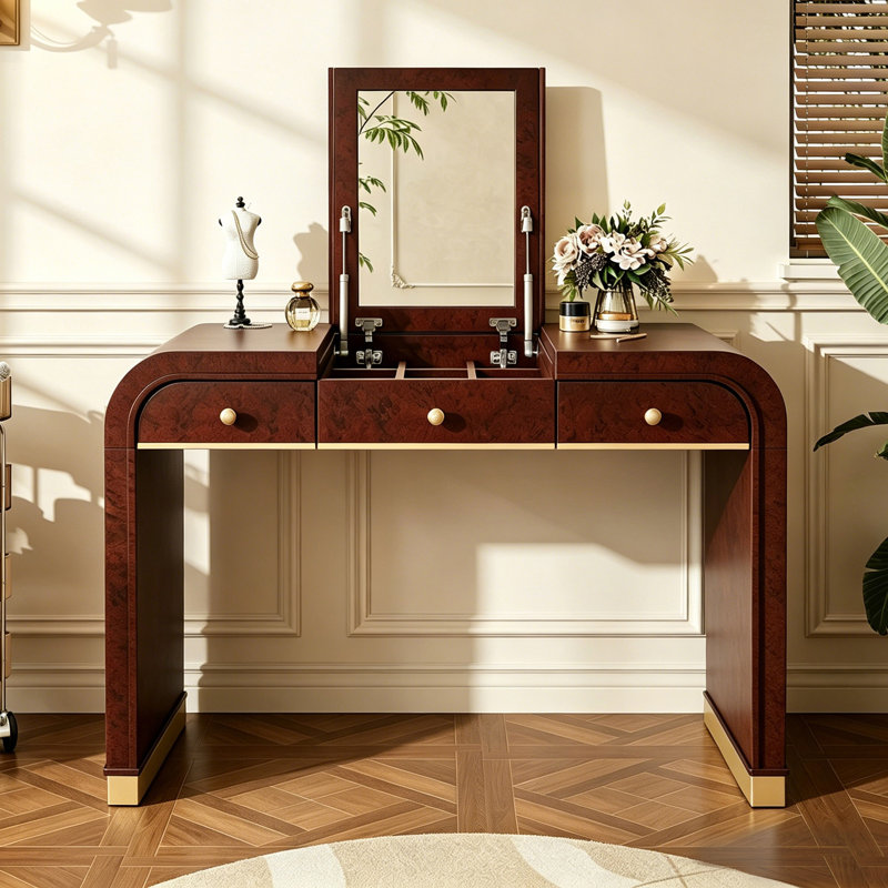 Bureau de coiffeuse classique en bois avec miroir rabattable, coiffeuse 3 en 1 avec 2 tiroirs et espace de rangement pour la chambre à coucher