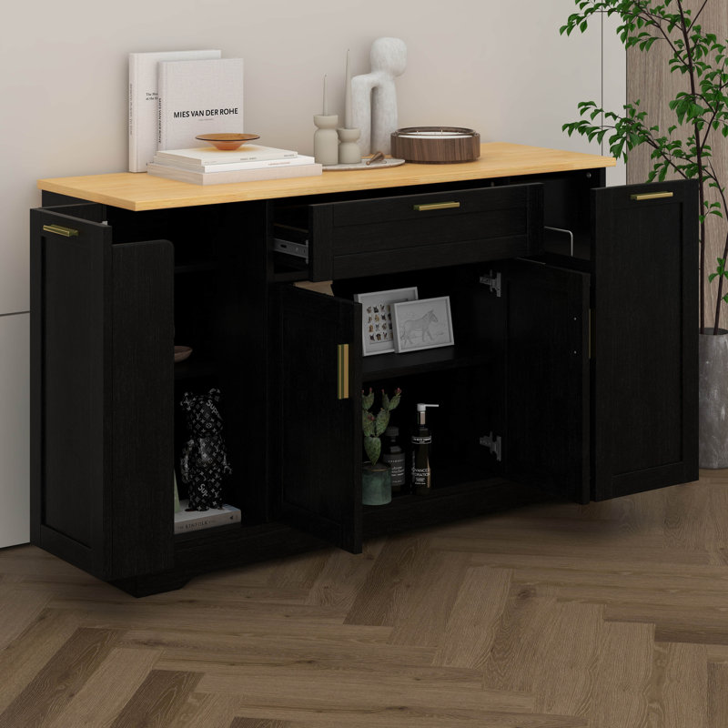 Multi-Functional Storage Sideboard, Extendable Dining Table, Adjustable Shelves, 3-Tier Pull-Out Rack, Black