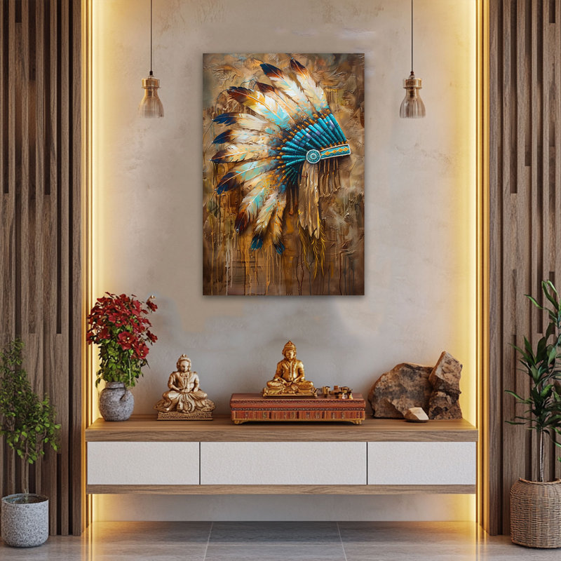 Impression sur toile de grande taille, chef de plume indien Adric, reproduction d'art sur toile, encadrée, prête à être accrochée