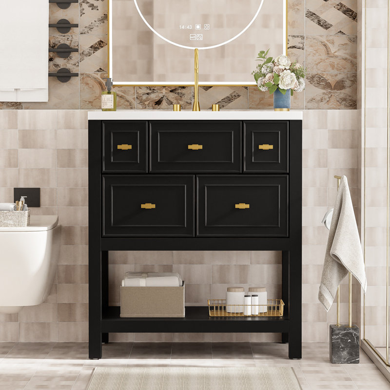 Ensemble de meuble-lavabo simple avec 5 tiroirs, Noir