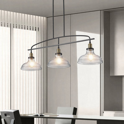 Lustre suspendu industriel 45 po à 3 lumières avec abat-jour en verre transparent, cadre en métal noir, hauteur réglable, éclairage campagnard moderne pour îlot de cuisine, salle à manger ou salon (ampoule non incluse)
