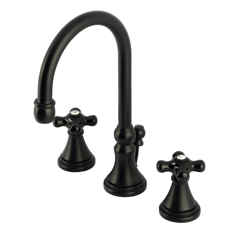 Kingston Brass Duchess Two-Handle 3-Hole Deck Mount Widespread Bathroom Faucet with Brass Pop-Up Drain, Matte Black