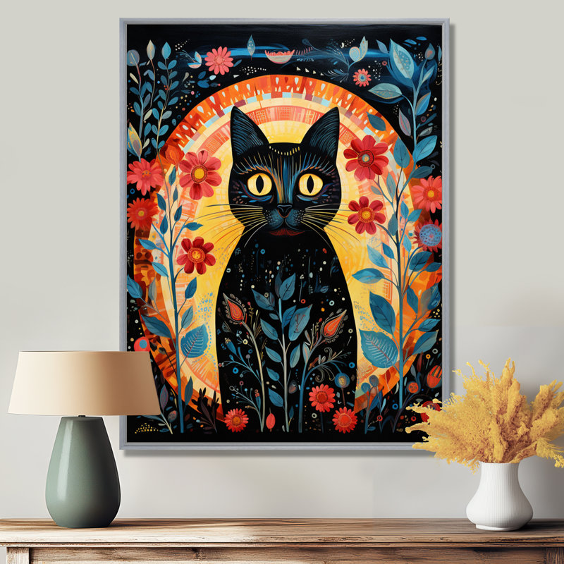 «Black Boho Flower Cat - Cat», reproduction d'art murale, Toile avec cadre argenté, H 20 po x l 12 po x P 1 po