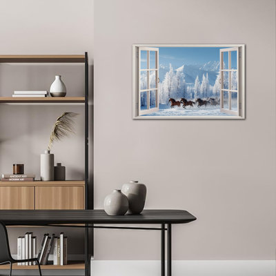 Hiver, toile, art mural, fenêtre ouverte, neige, course, chevaux, montagne, paysage, peinture, impressions pour salon, chambre à coucher, bureau, 18 po x 24 po