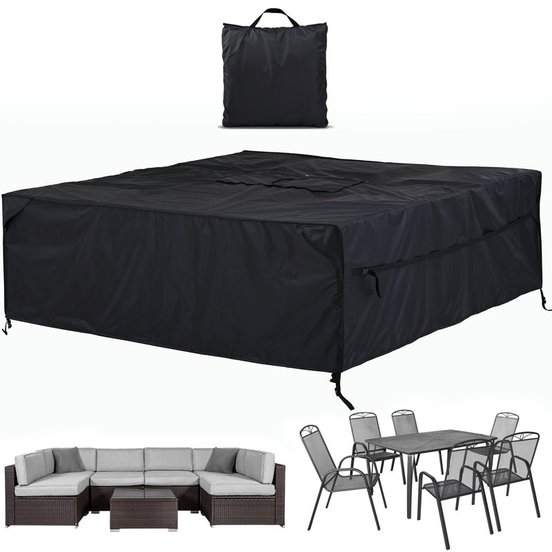 Housse de patio rectangulaire de 111 po (L) x 72 po (H) x 28 po (H) avec sac à fermeture à glissière, housse robuste en toile robuste pour table de salle à manger et chaises d'extérieur, noir universel imperméable