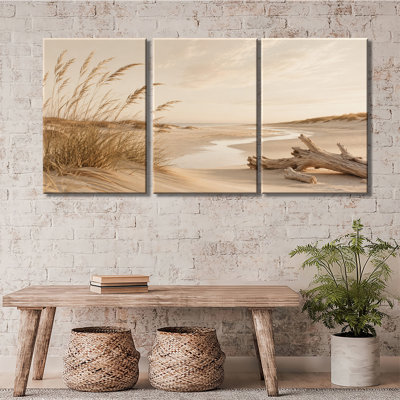 Ensemble de 3 impressions sur toile côtières de ton terreux, sépia plage dune pampa herbe bois flottant apaisant neutre plage murale
