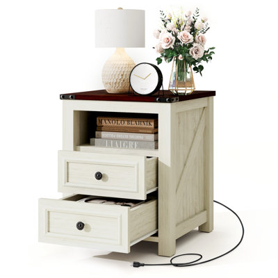 Table de chevet 2 tiroirs Modern Farmhouse avec station de charge et rangement ouvert (ensemble de 2)