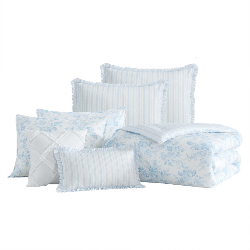 Laura Ashley Annalise Floral Cotton Blue Comforter Bonus Set, Queen Comforter + 6 Additional Pieces