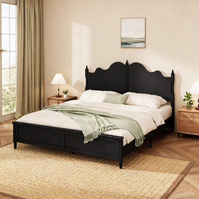  Très grand lit plateforme très grand en bois avec tête de lit courbée, noir