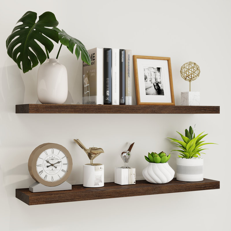 2 Piece Solid Wood Floating Shelf, Walnut, 24