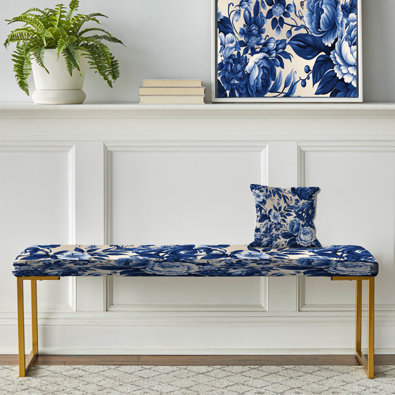 Cobalt Blue Cameo Whimsy Victorian Pattern - Floral Upholstered Gold Bench