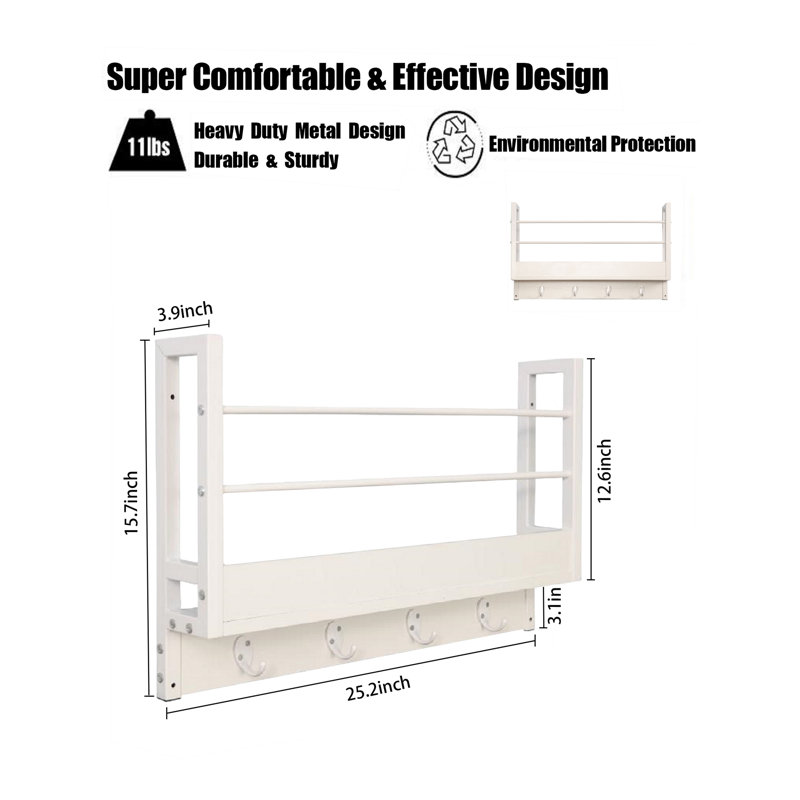 Galinda Floating Shelf With Hooks White 2pcs