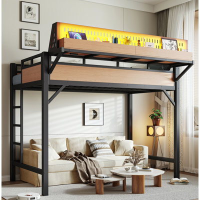 Structure de lit simple de taille mezzanine simple avec tablettes de rangement et panneau perforé, lit mezzanine en métal avec ports USB et lumières DEL, sécuritaire et robuste, naturel