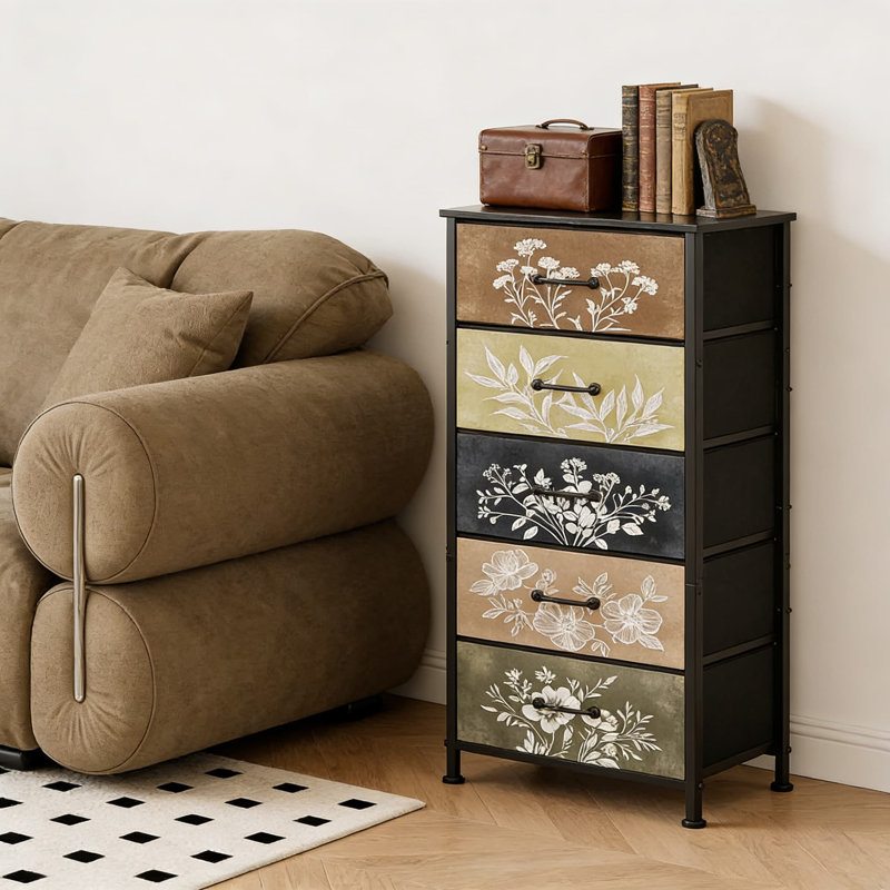 Commode de table de chevet verticale rétro avec tiroirs en tissu botanique
