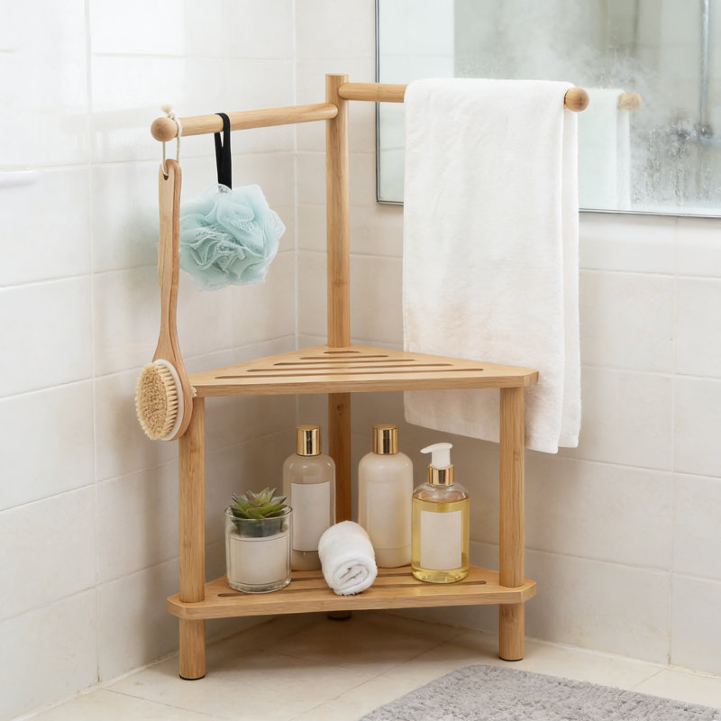 2-Tier Bamboo Shower Stool & Foot Rest With Towel Bar | 17X31" Corner Bench For Small Bathrooms, Free-Standing Design With Storage Shelf For Spa-Like Comfort & Space Efficiency