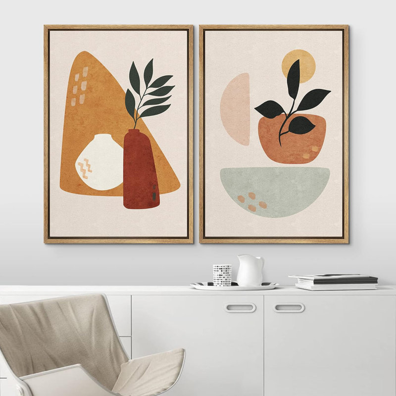 Forme de milieu de siècle, feuille de forêt en pot, variété et demi-cercles, géométrique abstrait et minimaliste moderne